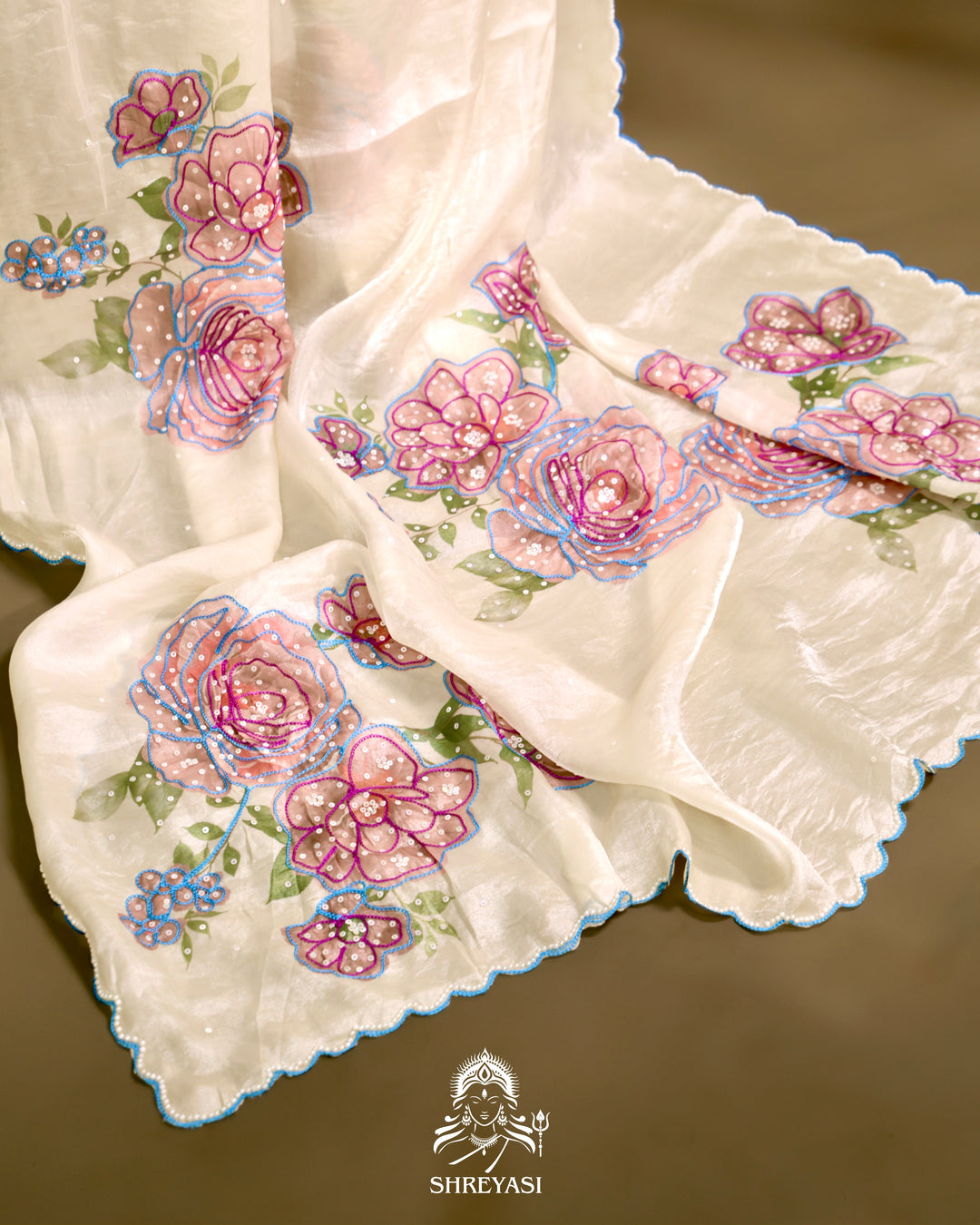 Glass Tissue Saree with Floral Print and  Embroidery