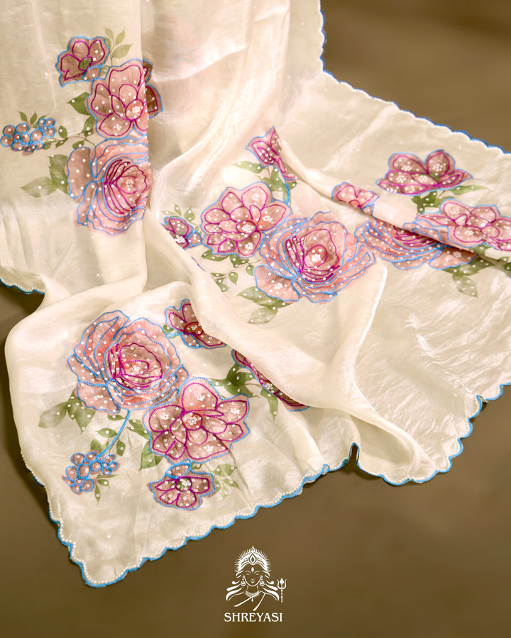 Glass Tissue Saree with Floral Print and  Embroidery