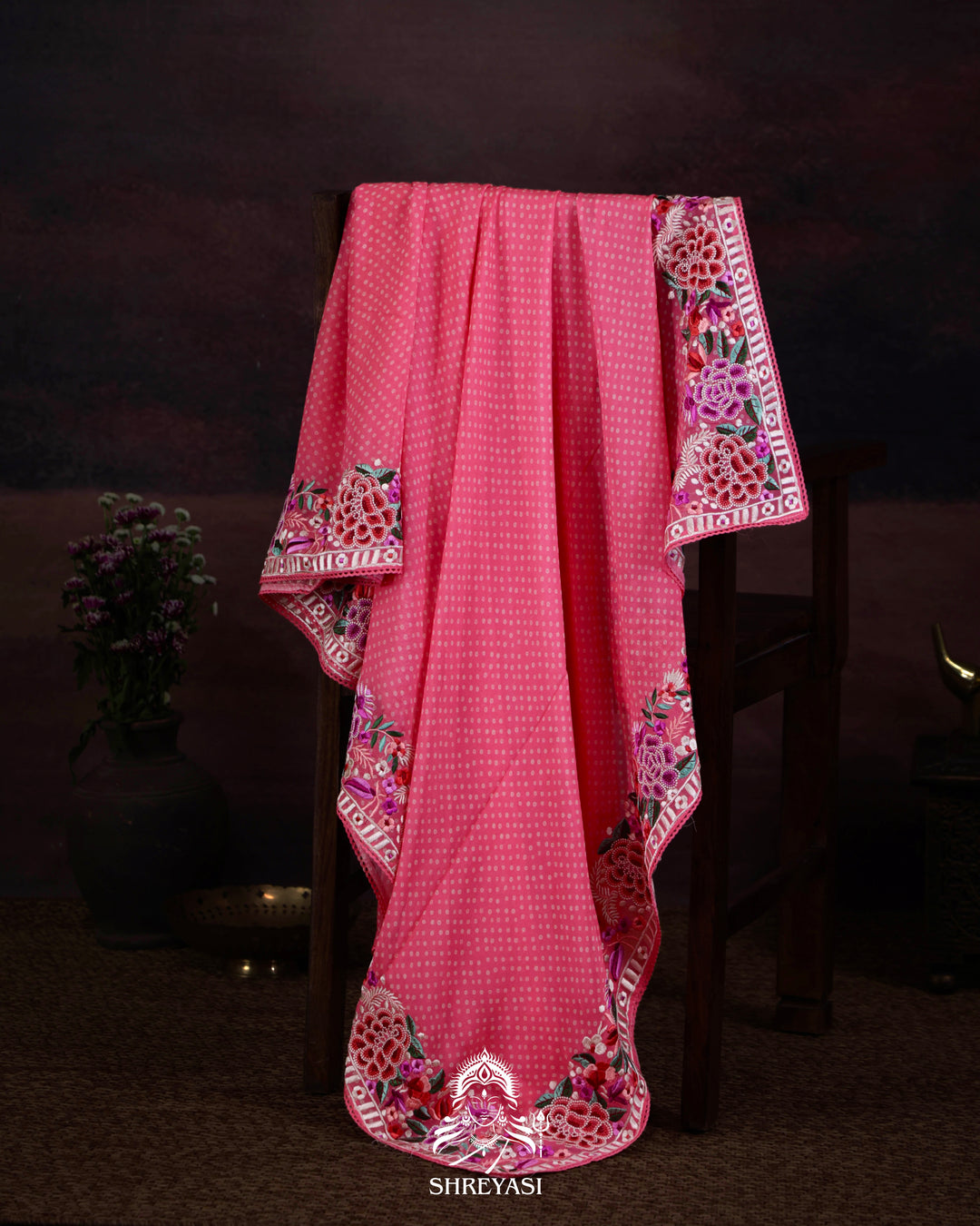 Pure Georgette Saree with Parsi Gara Style Embroidered Borders and Bandhej Body