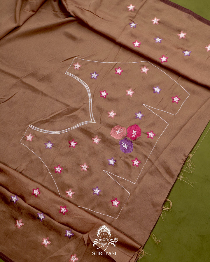 Tussar Silk Saree with Resham Floral Embroidery Border