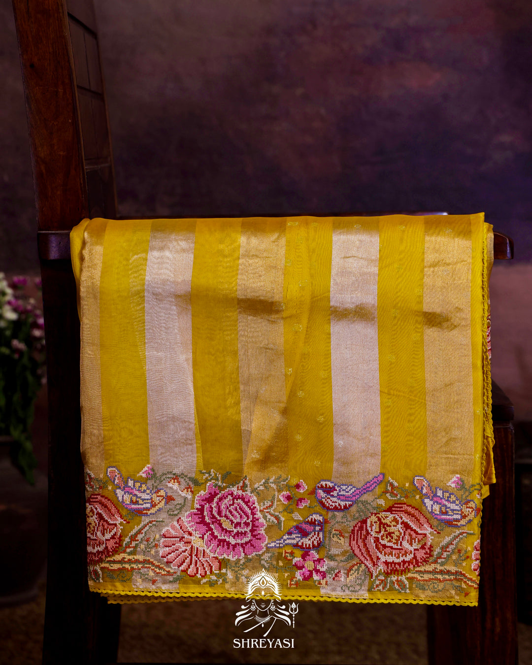 Pure Tissue Silk Saree with Zari Stripes and Petit Point Embroidered Borders