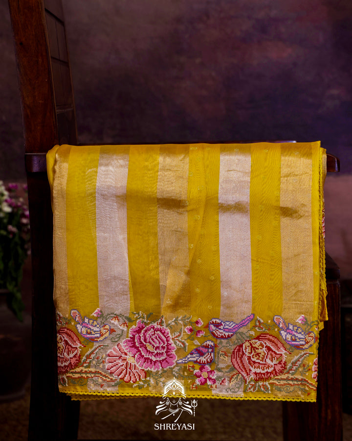 Pure Tissue Silk Saree with Zari Stripes and Petit Point Embroidered Borders
