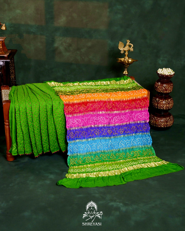 Handloom Pure Bandhani Gaji Silk Saree with Hand-Knotted Bandhej and Multicolored Bandhani Pallu