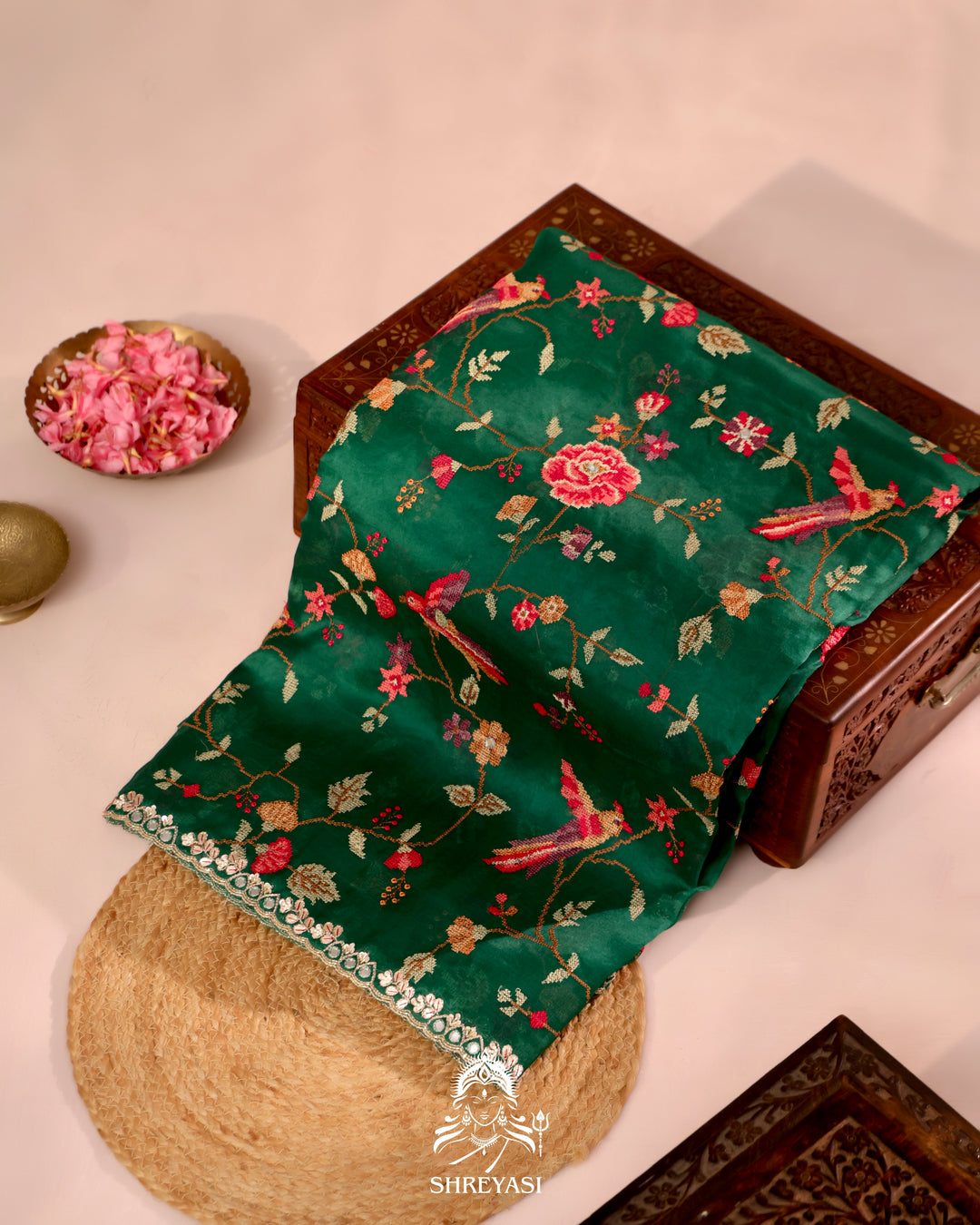 Organza Silk Saree with All-Over Petit Point Embroidery and Gotapatti Border