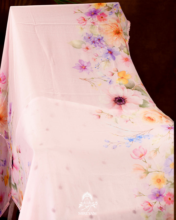 Pure Chiffon Floral Saree with Crochet Embroidery Border