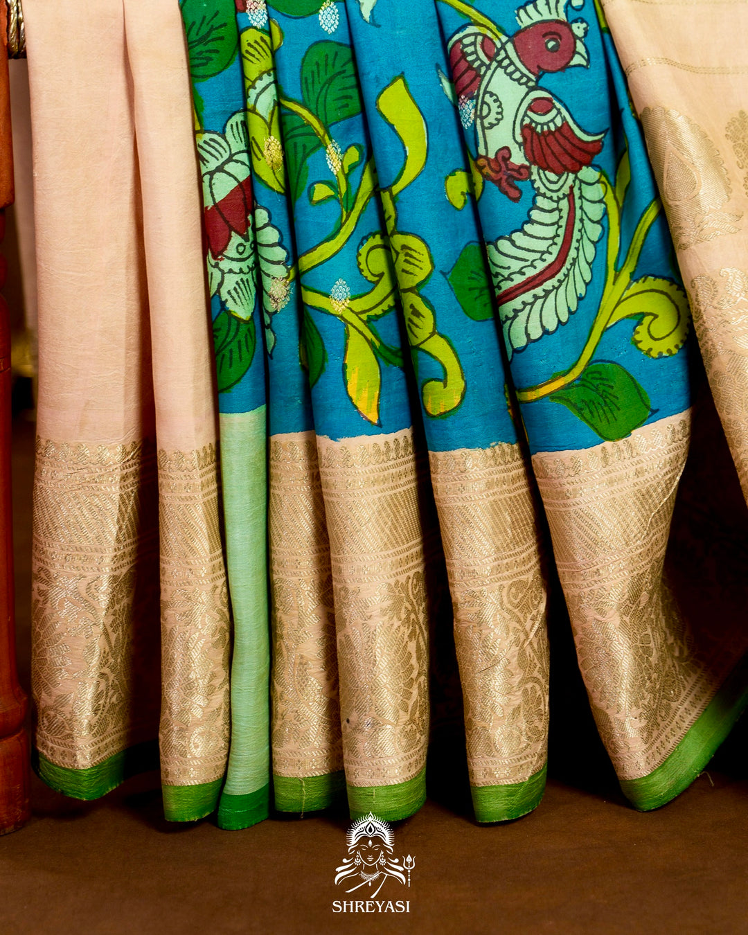 Handloom Pure Gadwal Silk Saree with Hand Painted Pen Kalamkari and Silver Zari Borders