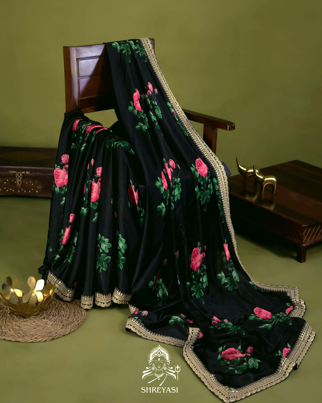 Black Chinon Satin Floral Saree with Embroidered Border