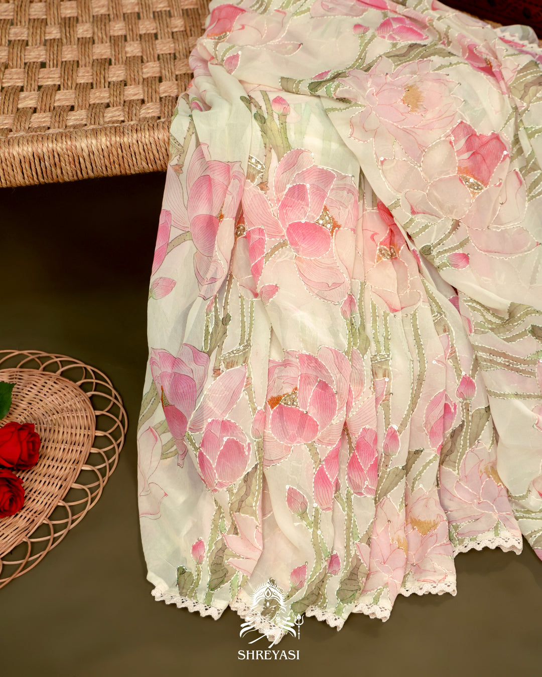 Pure Georgette Floral Saree with Thread Embroidery and Micro Sequins