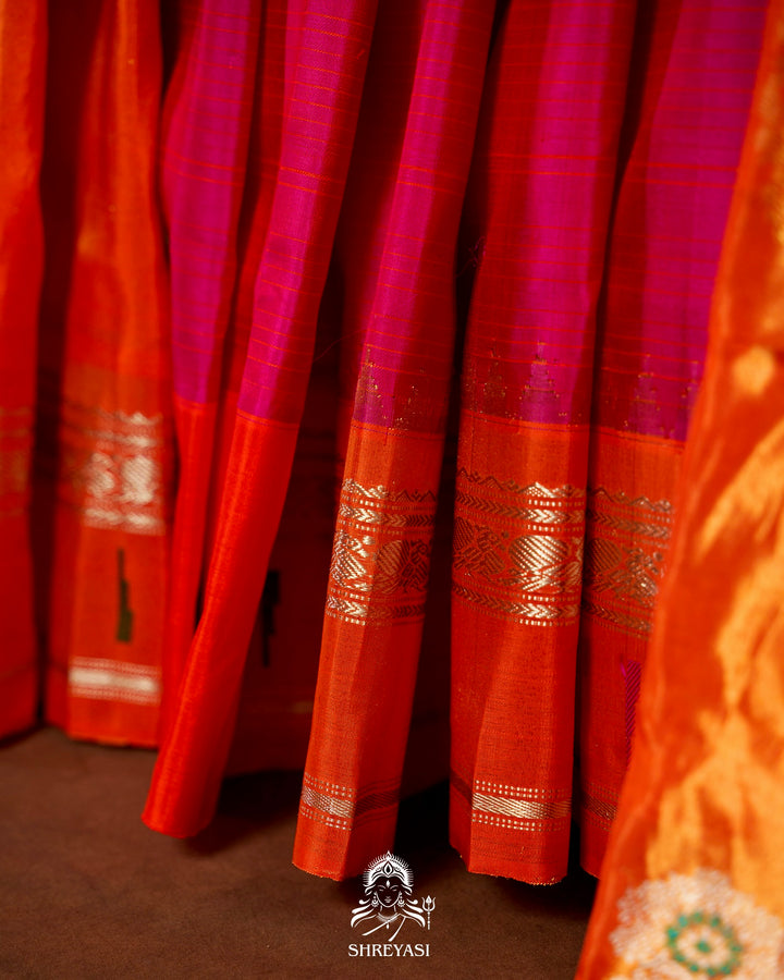 Handloom Pure Gadwal Silk Saree in Rani Pink with Orange Tissue Muniya Border