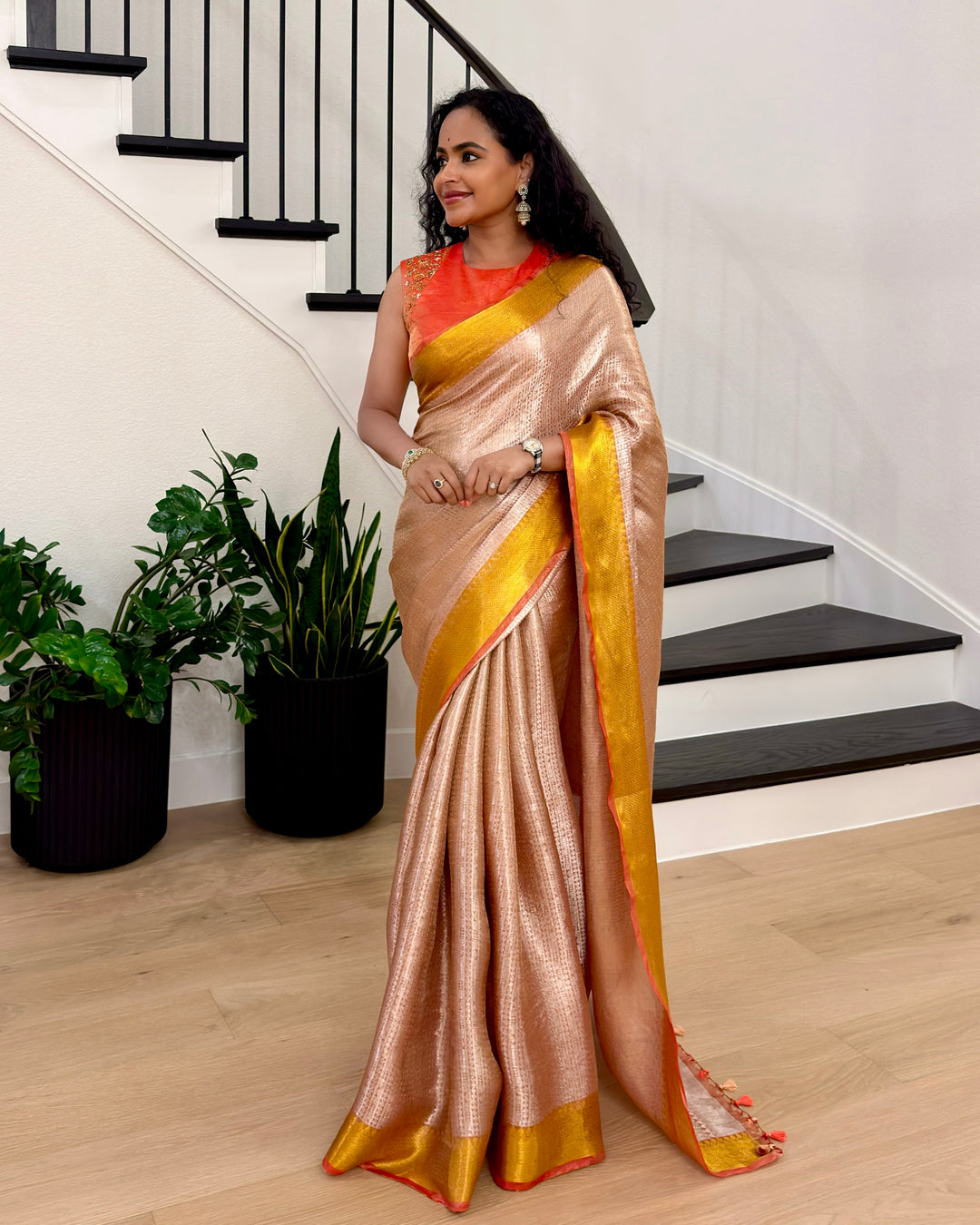 Handloom Pure Banarasi Tissue Brocade Saree in Rose Gold with Contrast Zari Border