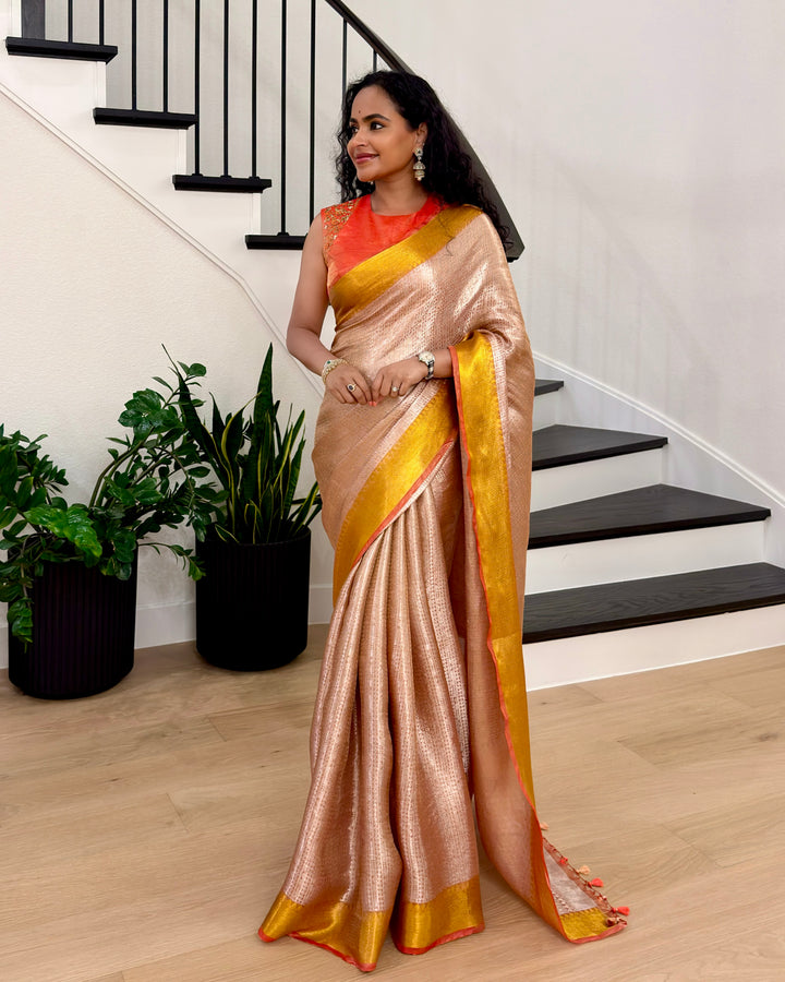 Handloom Pure Banarasi Tissue Brocade Saree in Rose Gold with Contrast Zari Border