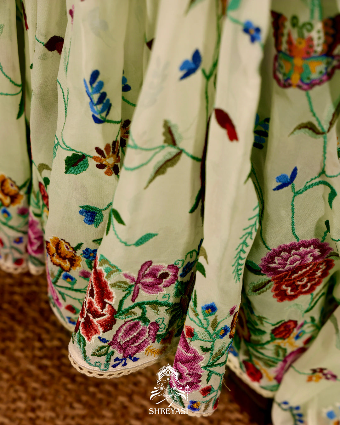Pure Georgette Saree with Petit Point Embroidery and Lace Borders