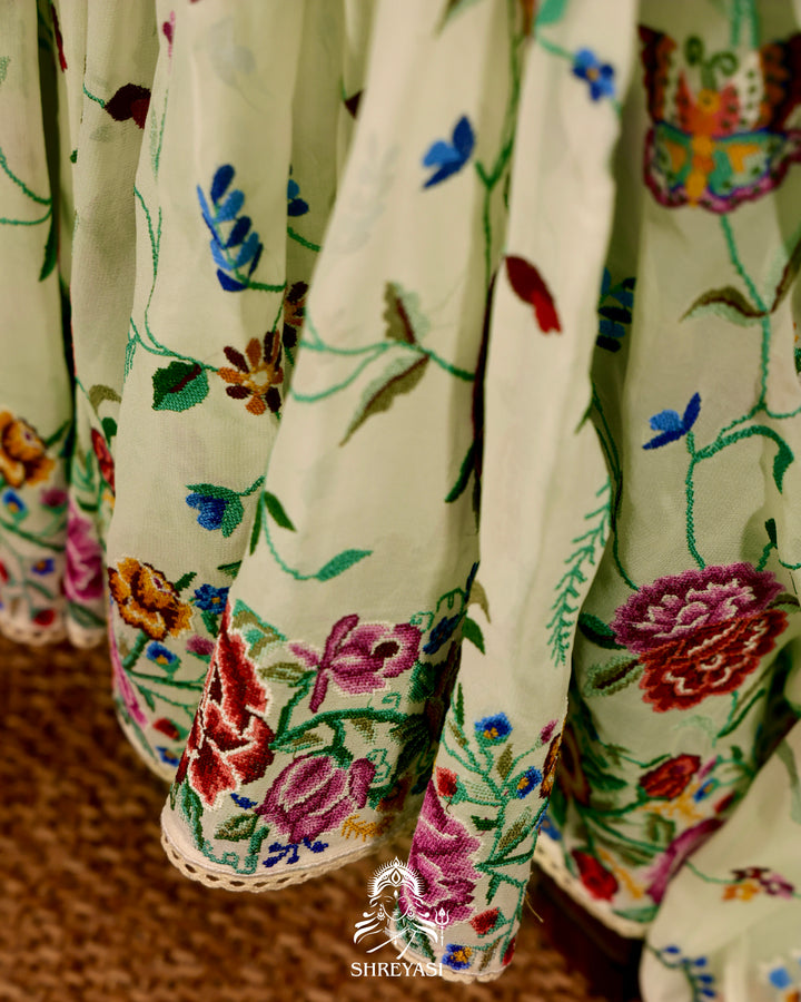 Pure Georgette Saree with Petit Point Embroidery and Lace Borders