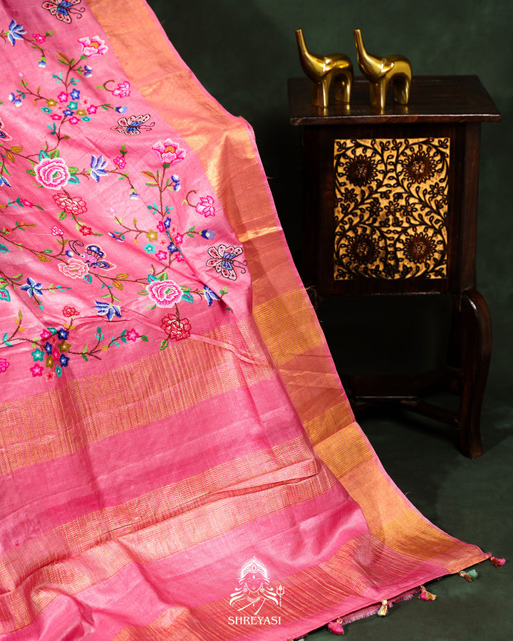Handloom Pure Desi Tussar Silk Saree with Petit Point Embroidery