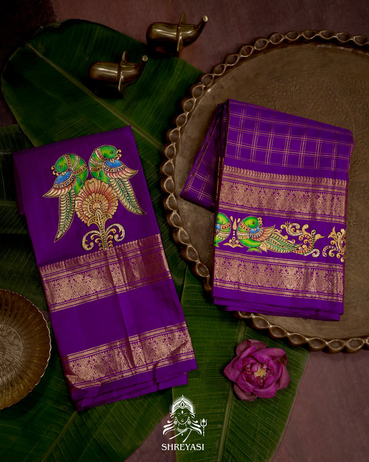 Handloom Pure Kanjivaram Silk Saree in Real Zari with Tanjore Kili and Kamalam Artwork