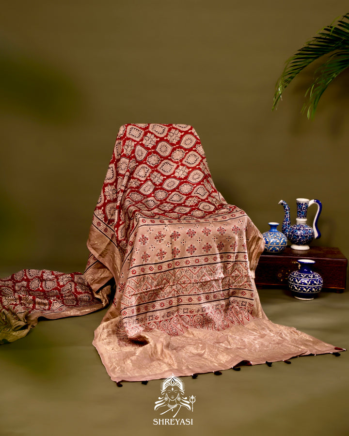 Hand Block Printed Ajrakh Dola Silk Saree with Zari Brocade Blouse