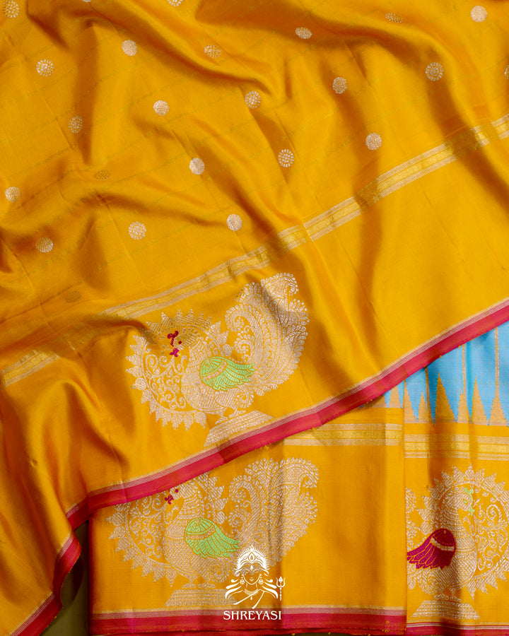 Handloom Pure Gadwal Silk Saree with Kuttu Korvai Border and Zari Peacock Motifs