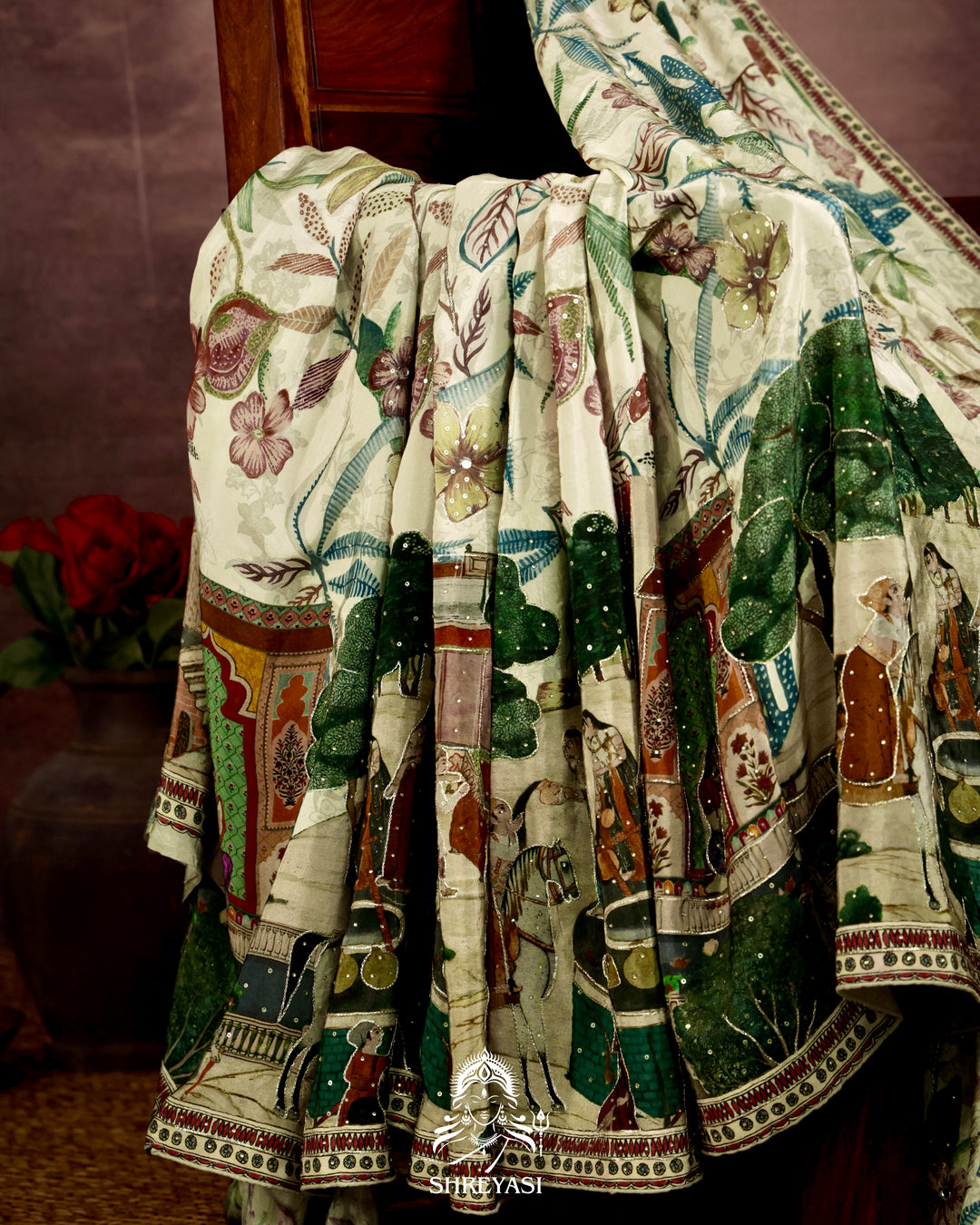 Pure Crepe Silk Storytelling Saree with Miniature Folklore Artwork