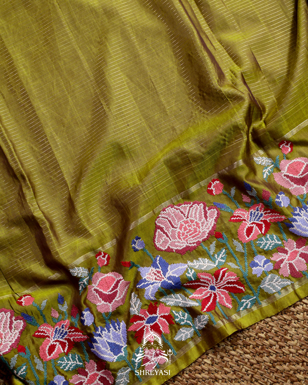 Handloom Pure Kanjivaram Silk Saree with Petit Point Embroidery