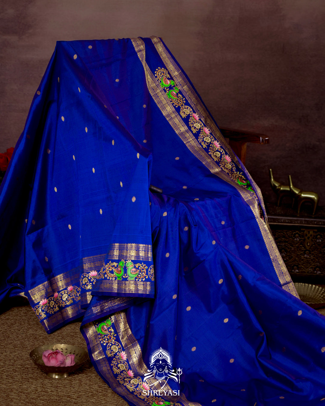 Handloom Pure Kanjivaram Silk Saree in Real Zari with Tanjore Mayil and Kamalam Artwork
