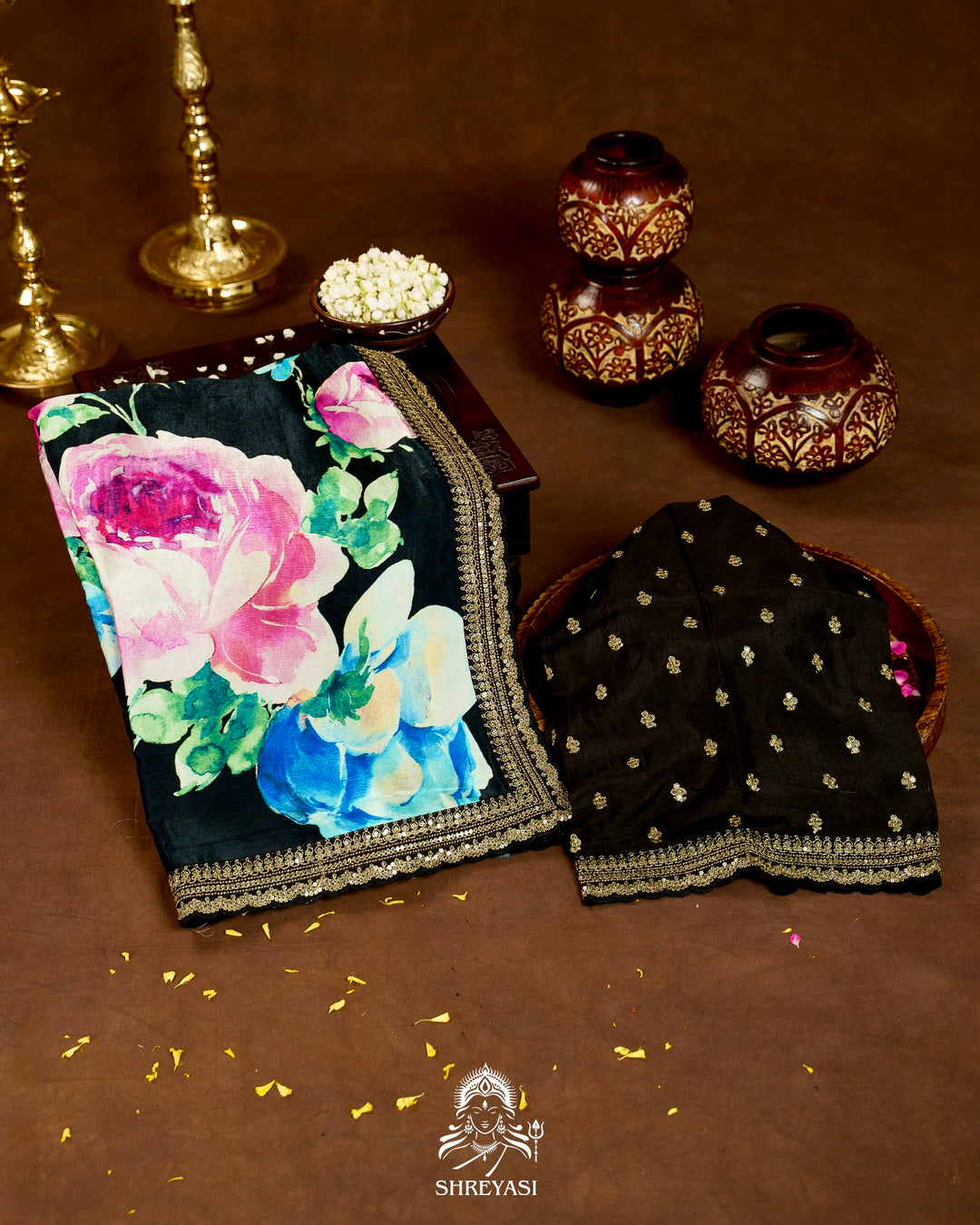 Pure Chinon Satin Saree with Floral Print and Embroidered Borders