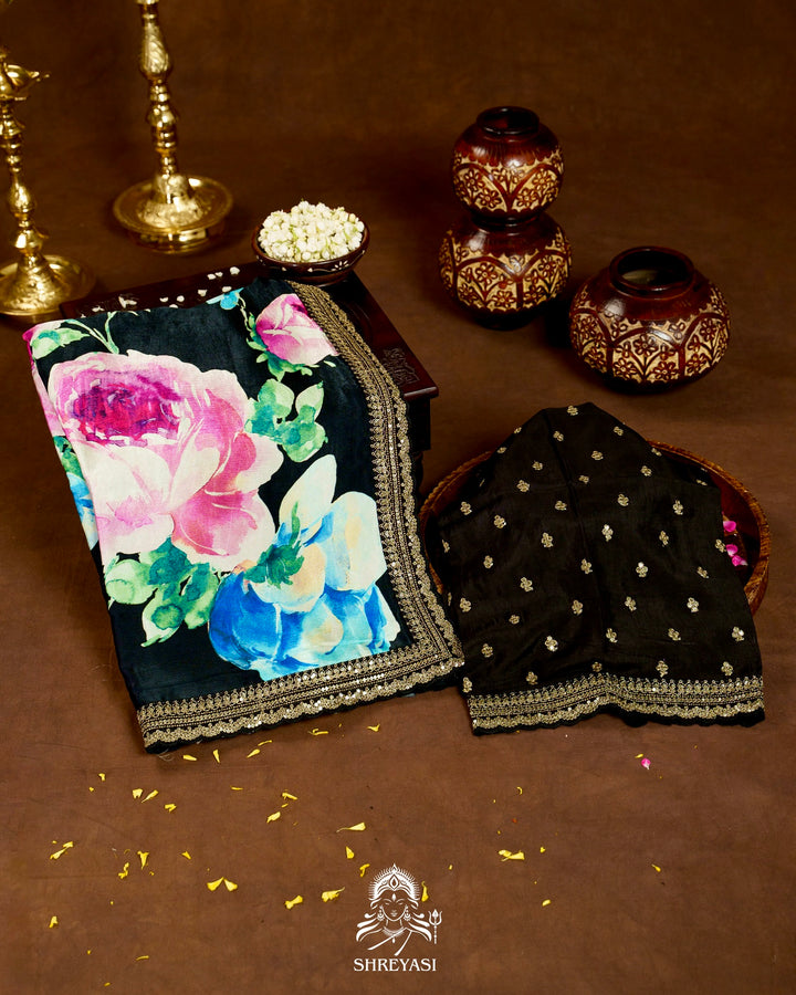 Pure Chinon Satin Saree with Floral Print and Embroidered Borders