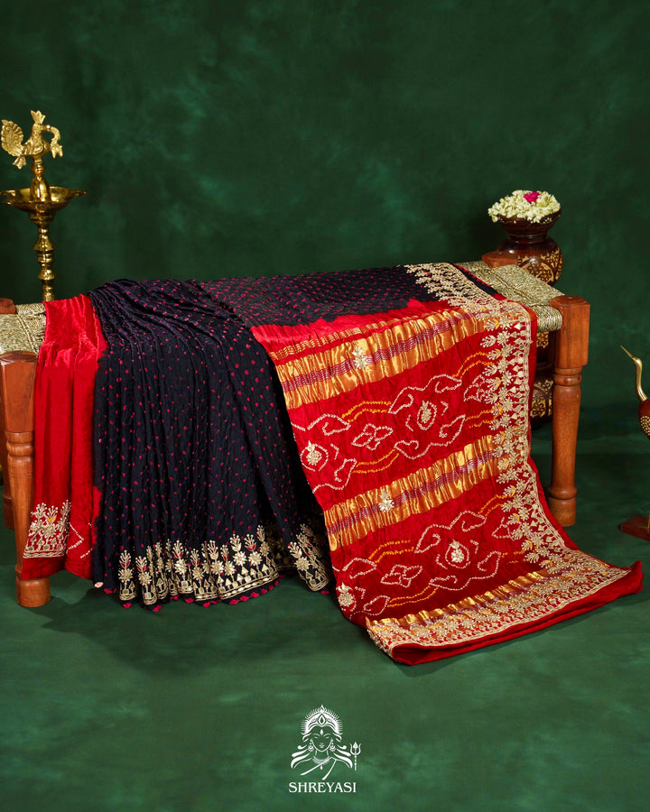 Handloom Pure Gaji Silk Saree with Hand-Knotted Bandhej, Gharchola Pallu & Heavy Gota Patti Embroidery