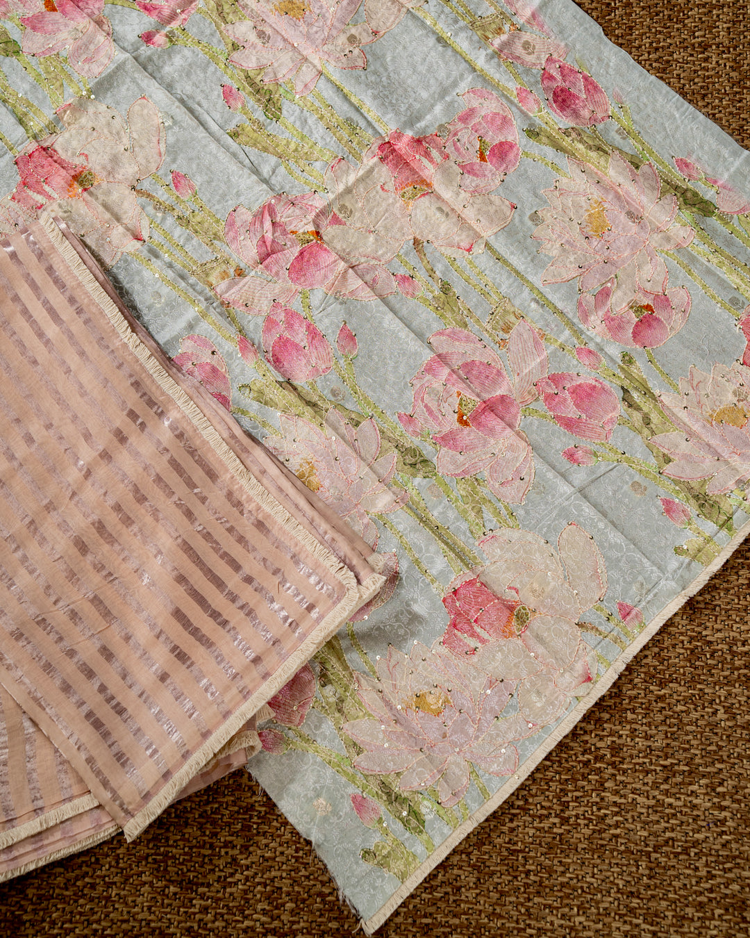 Handloom Pure Chanderi Silk Saree in Champagne Blush with Silver Zari Stripes and Embroidered Floral Blouse