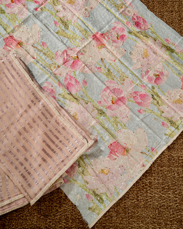 Handloom Pure Chanderi Silk Saree in Champagne Blush with Silver Zari Stripes and Embroidered Floral Blouse