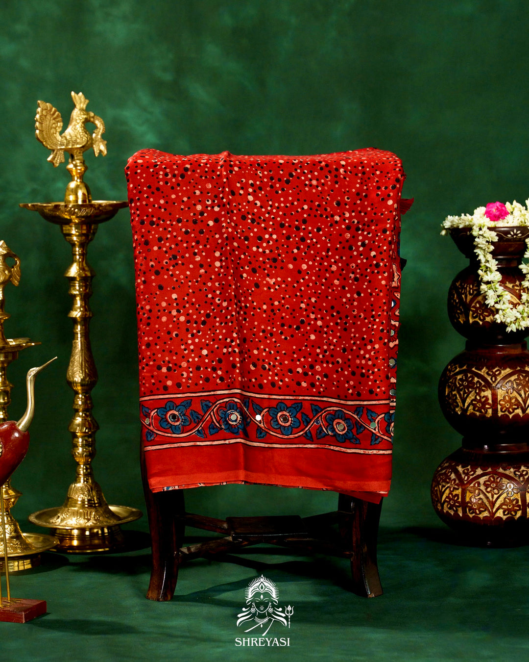 Mirror Work Pure Modal Silk Ajrakh Hand Block Printed Saree | Naturally Dyed Artisan Collection
