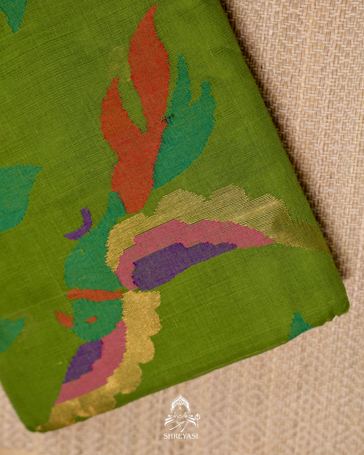 Handwoven Pure Ponduru Khadi Jamdani Saree in Fresh Leaf Green with Woven Floral & Bird Pallu