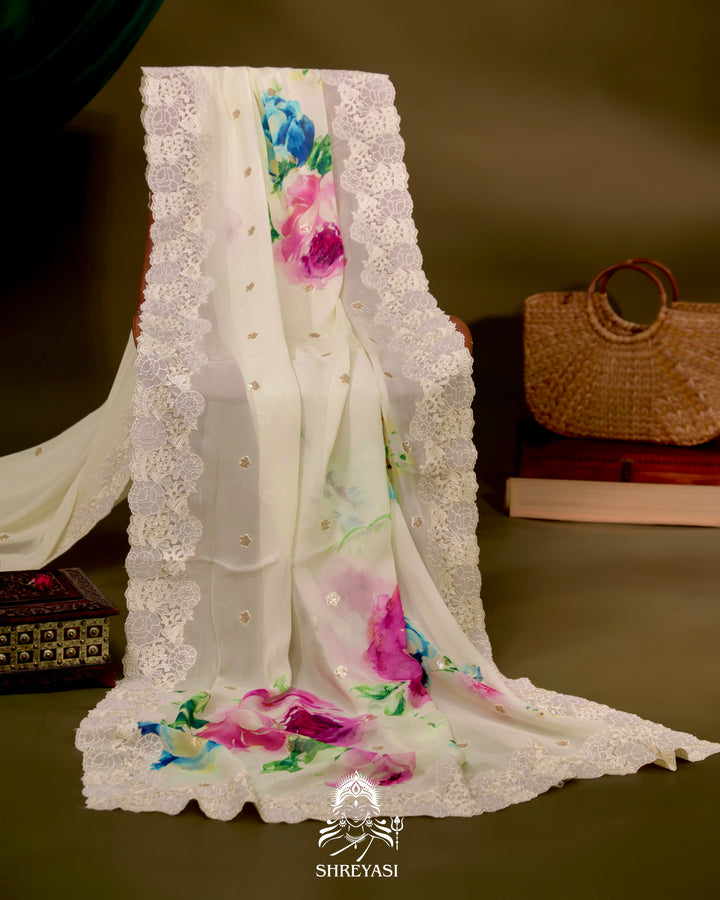 Floral Georgette Saree with Sequin Embroidery and Chantilly Lace Borders