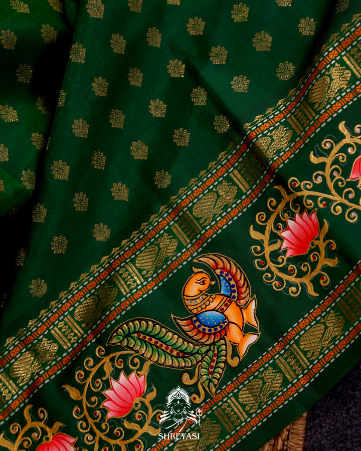 Handloom Pure Kanjivaram Silk Saree in Real Zari with Tanjore Kili and Kamalam Artwork