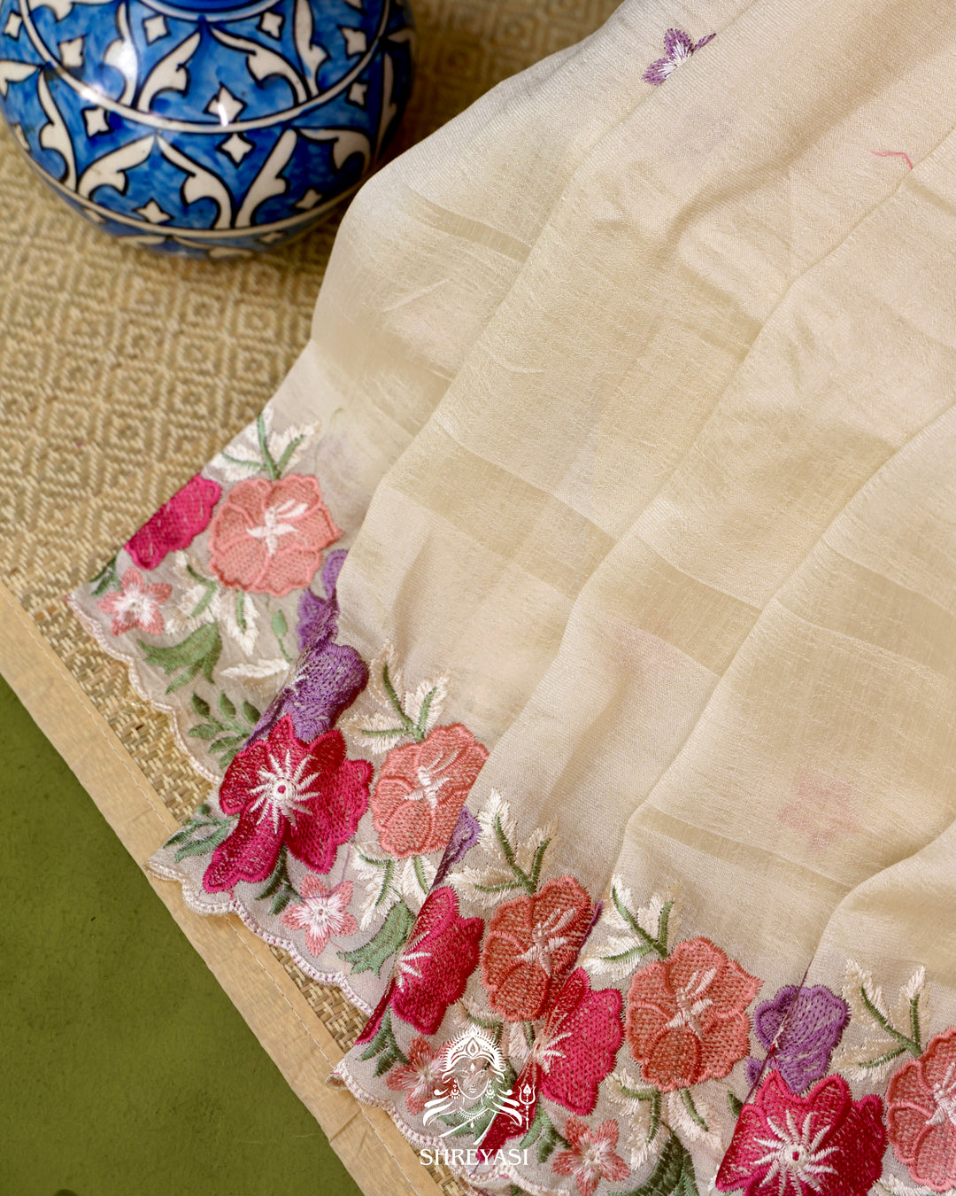 Tussar Silk Saree with Resham Floral Embroidery Border
