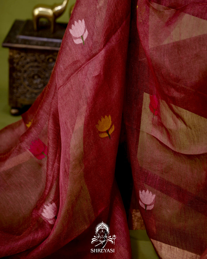 Handloom Silk Linen Jamdani Saree with Tissue Paithani Pallu