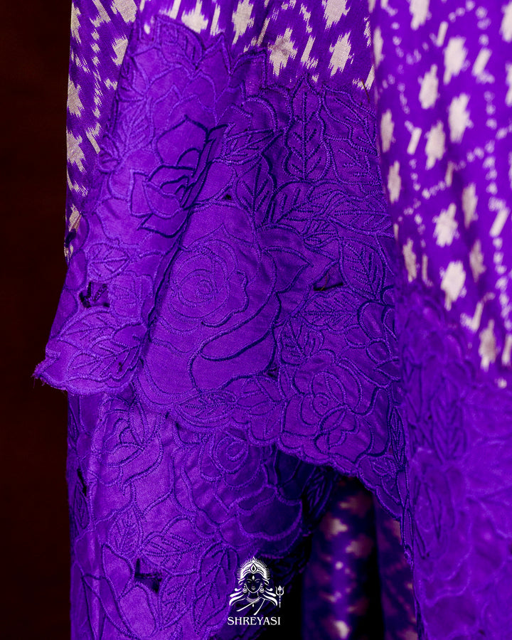 Handloom Pure Patola Silk Saree with Scalloped Floral Appliqué Embroidered Borders
