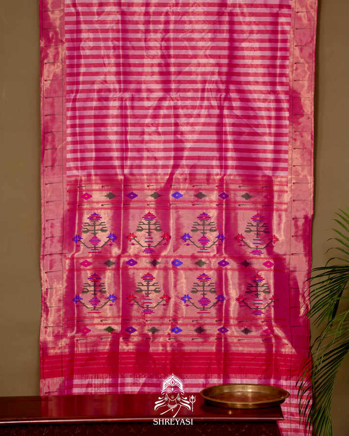 Paithani Silk Saree with Zari Line Weaving and Traditional Asawali Pallu