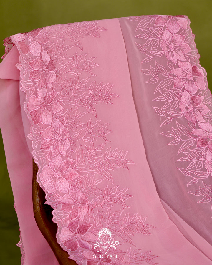 Soft Georgette Saree with Floral Thread Embroidery Border