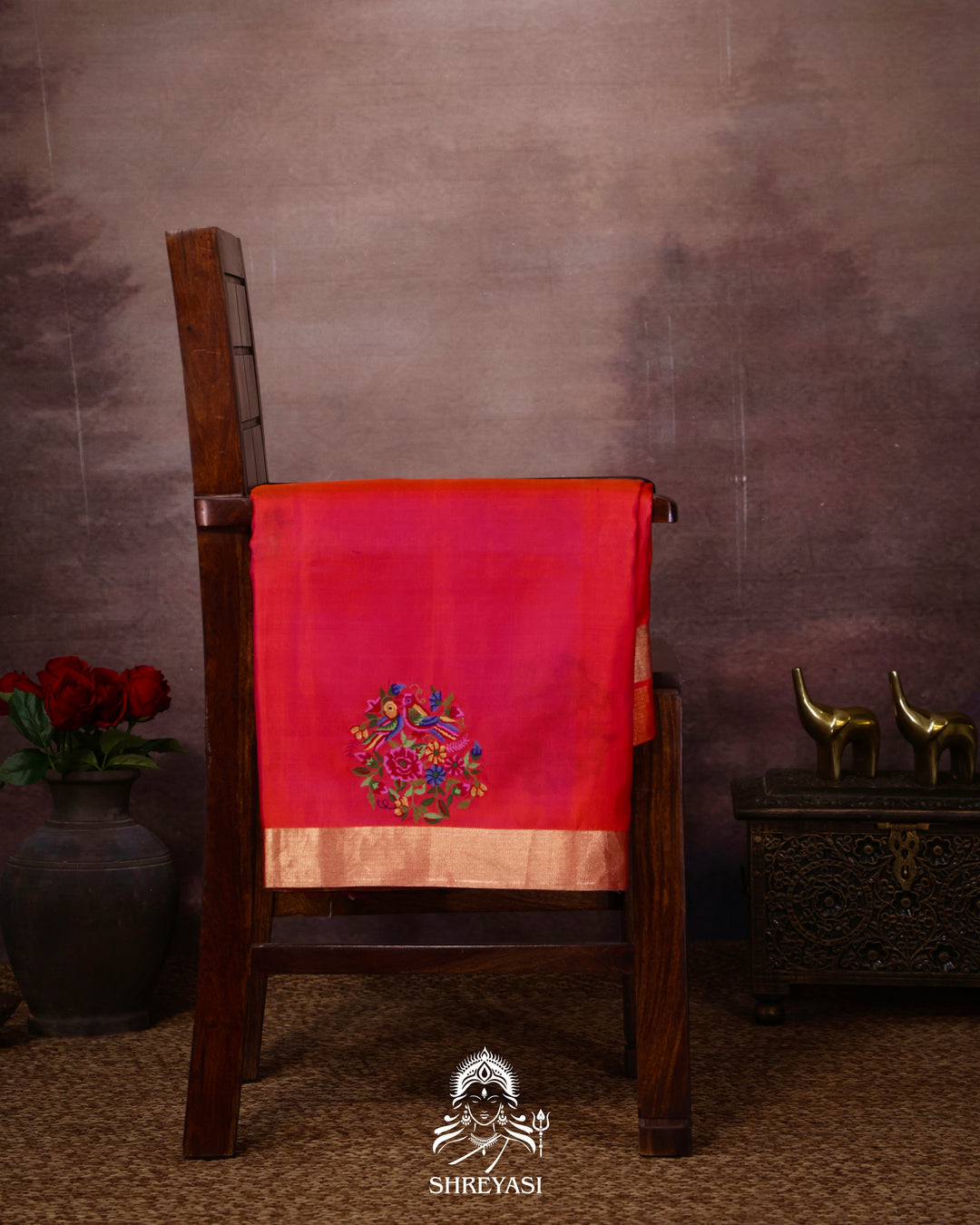 Handloom Pure Kanjivaram Soft Silk Saree with Petit Point Embroidered Floral Bird Clusters
