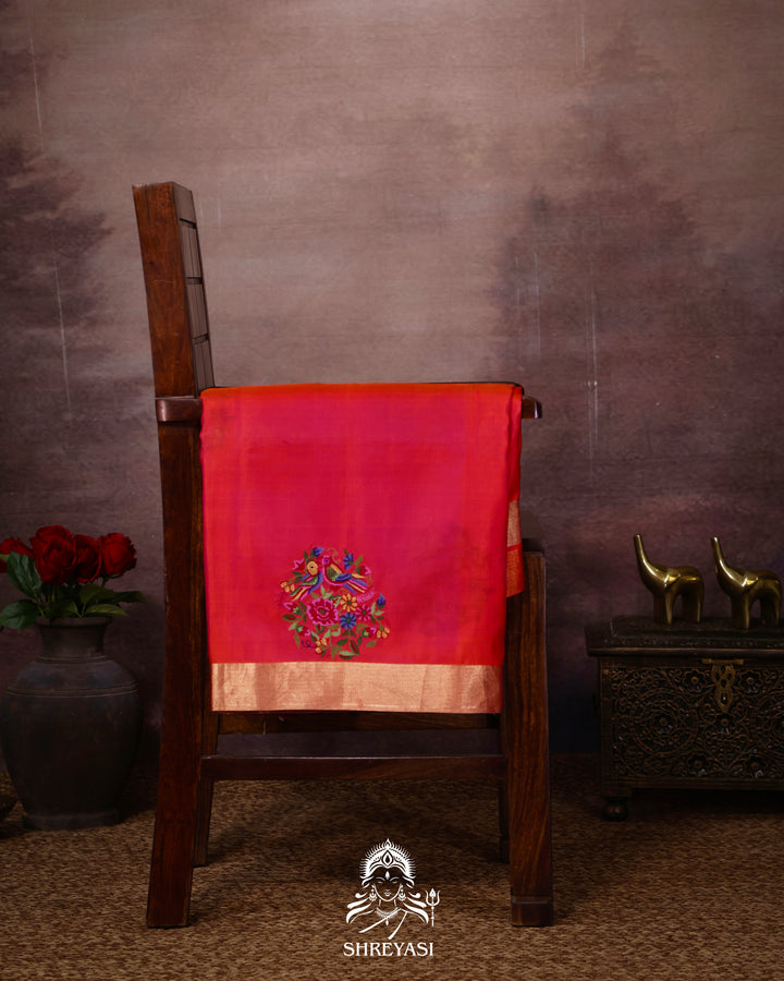 Handloom Pure Kanjivaram Soft Silk Saree with Petit Point Embroidered Floral Bird Clusters