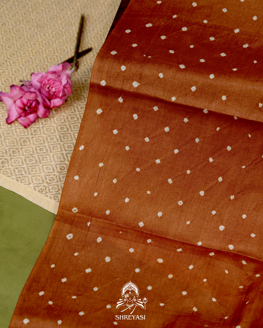 Handloom Pure Tussar Silk Saree with Hand Knotted Bandhej and Pen Kalamkari Pallu and Blouse
