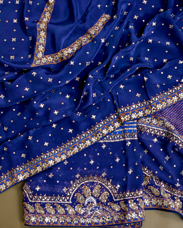 Georgette Cocktail Saree with Mukaish and Zardozi Mirror Embroidery