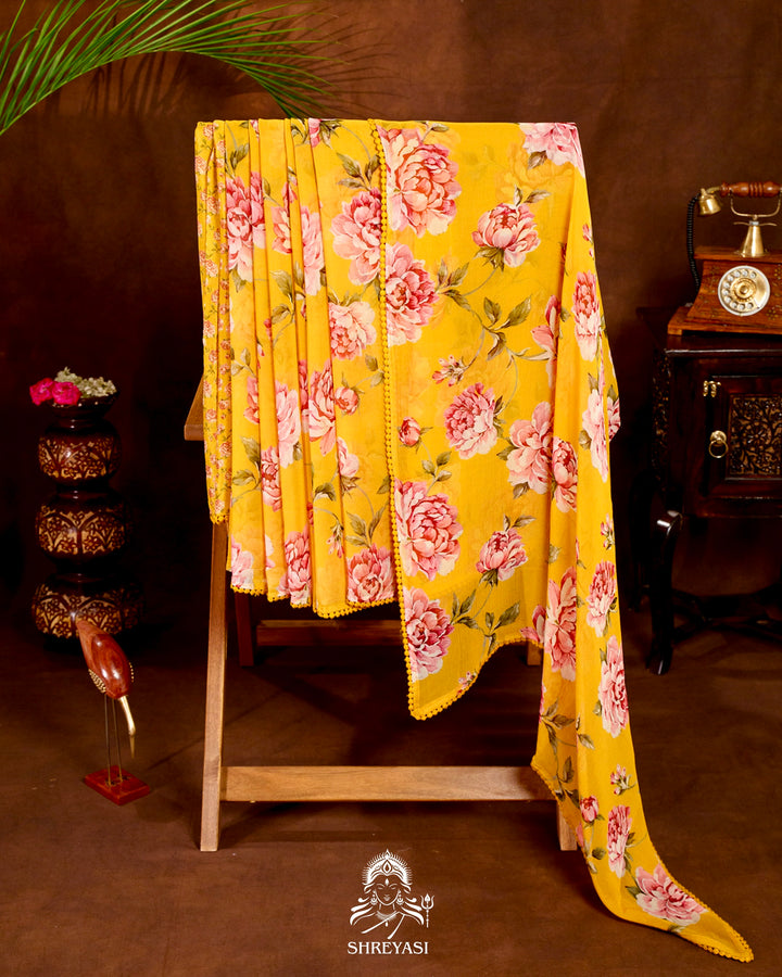 Pure Chiffon Floral Saree with Crochet Embroidery Border