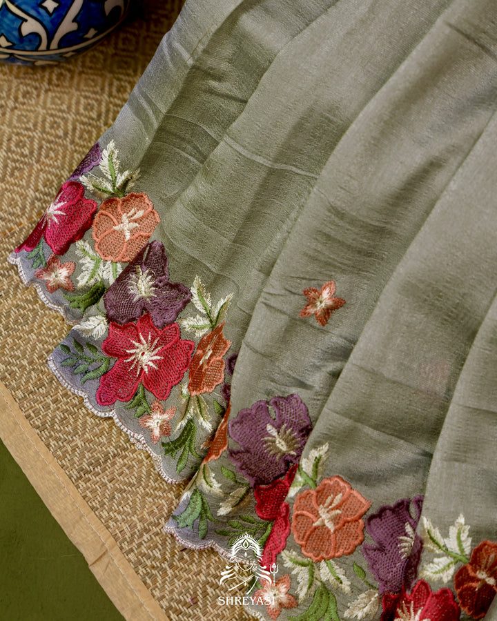 Tussar Silk Saree with Resham Floral Embroidery Border