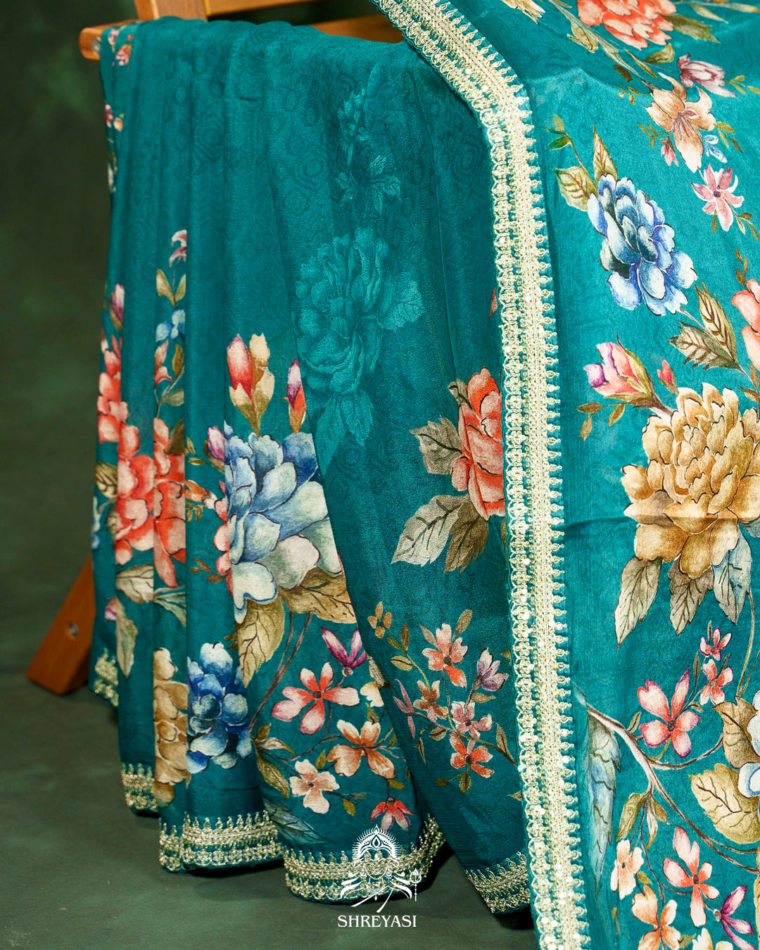Floral Crepe Chiffon Saree with Embroidered Borders
