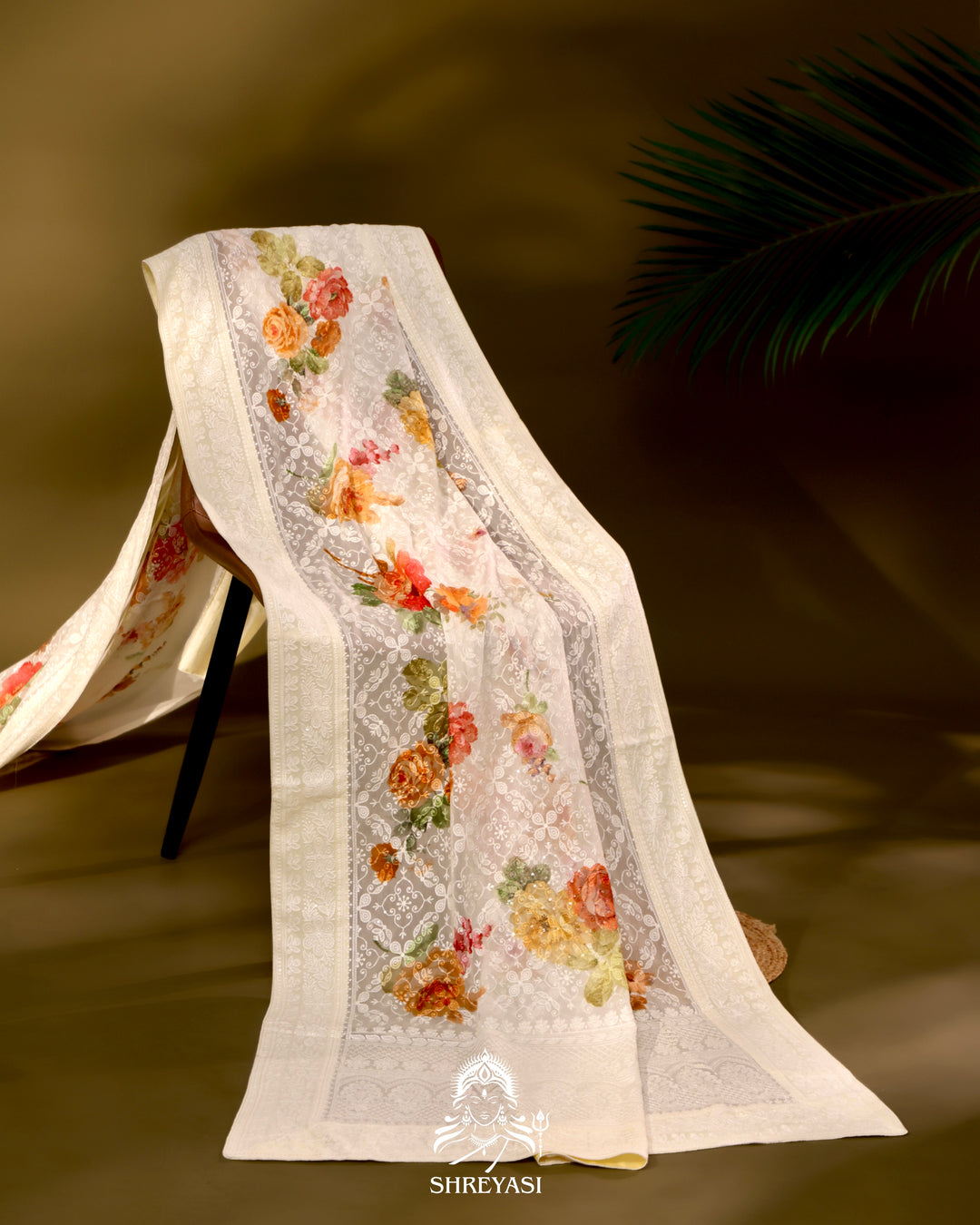 Georgette floral saree with chikankari embroidery