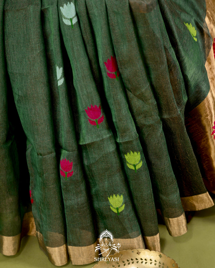 Handloom Silk Linen Jamdani Saree with Tissue Paithani Pallu