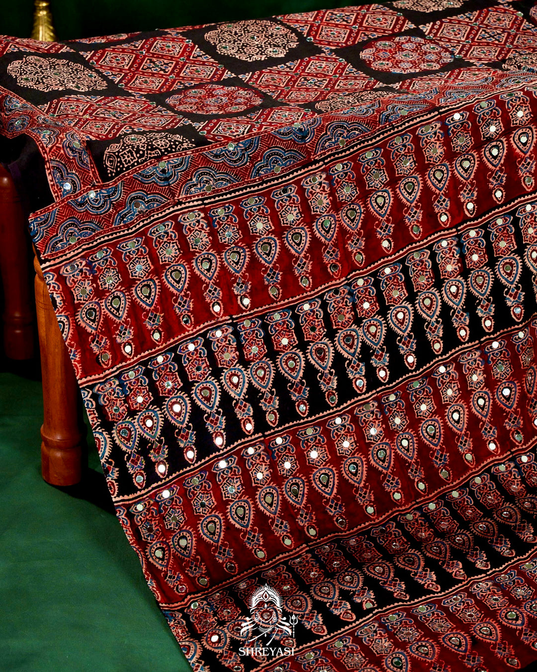 Mirror Work Pure Modal Silk Ajrakh Hand Block Printed Saree | Naturally Dyed Artisan Collection
