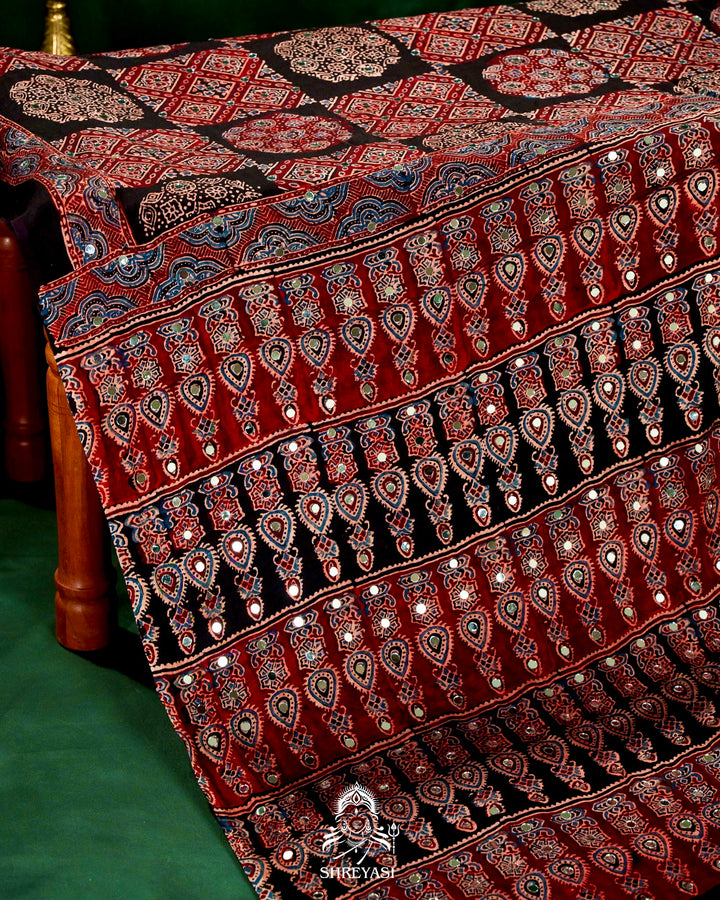 Mirror Work Pure Modal Silk Ajrakh Hand Block Printed Saree | Naturally Dyed Artisan Collection