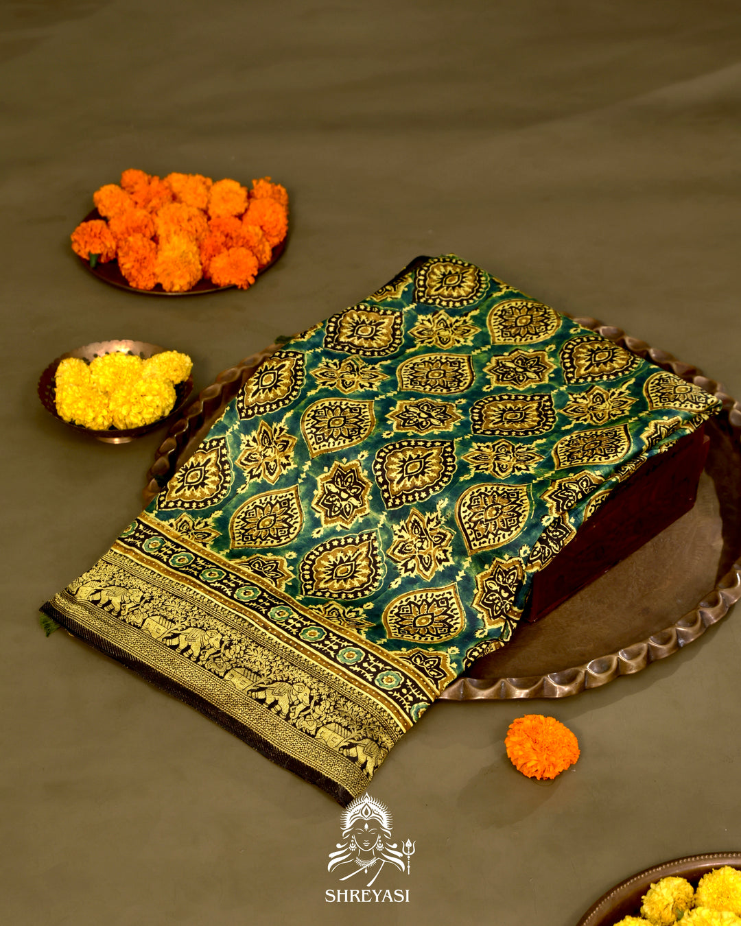 Hand Block Printed Ajrakh Dola Silk Saree with Zari Brocade Blouse